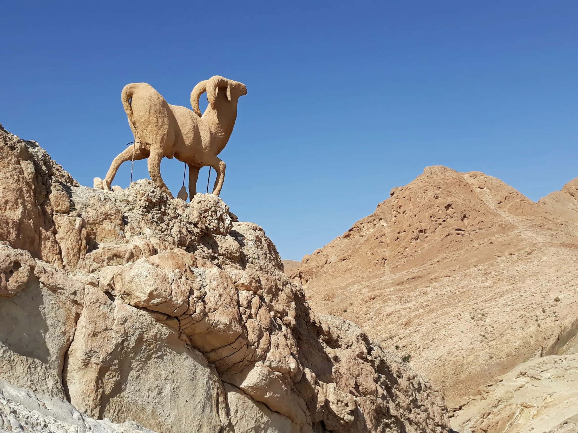 La statue du bélier sur les rochers au-dessus de l’oasis de montagne de Chébika
