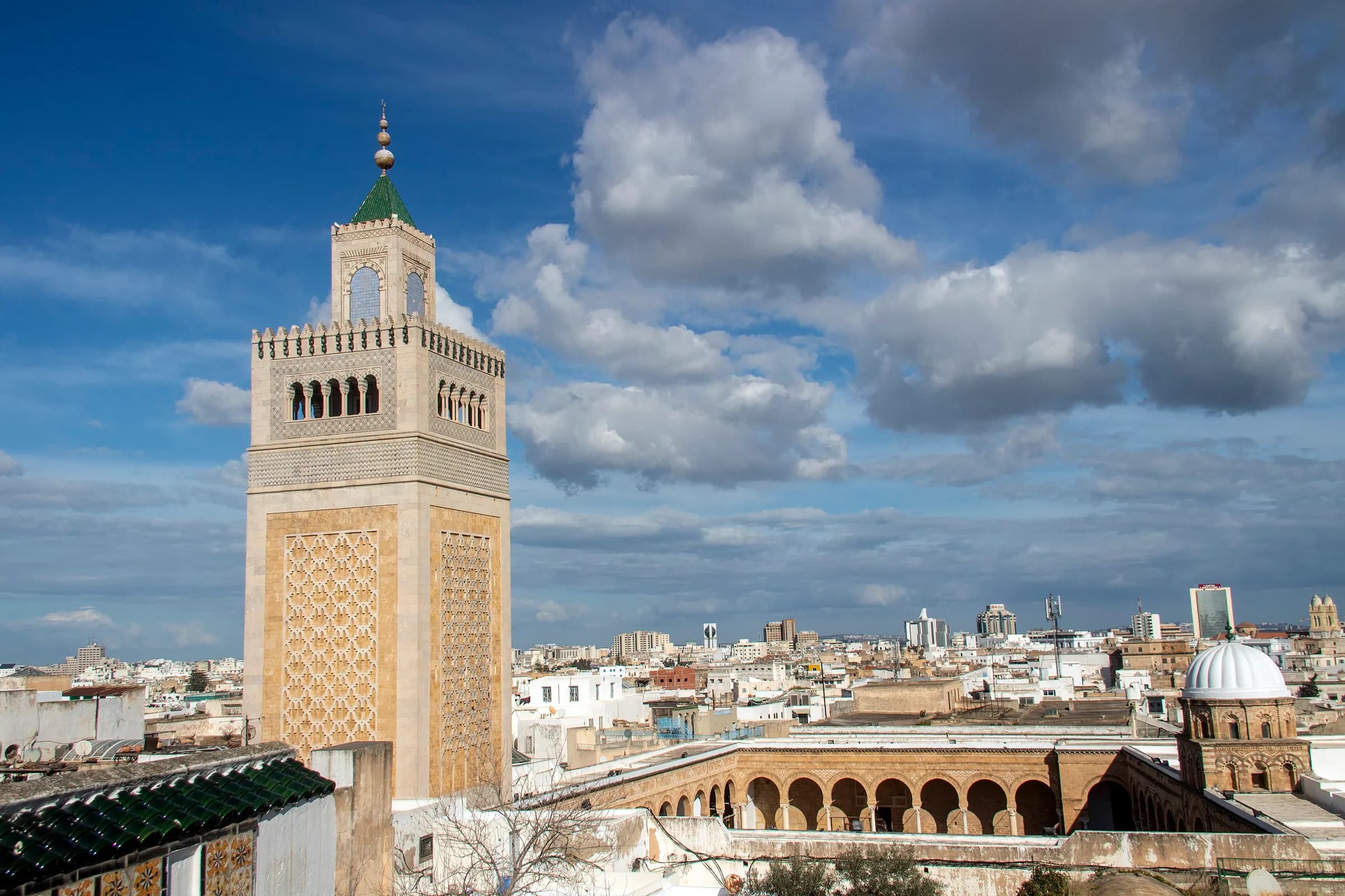 Minaret of the Zitouna Mosque above the rooftops of the Medina of Tunis