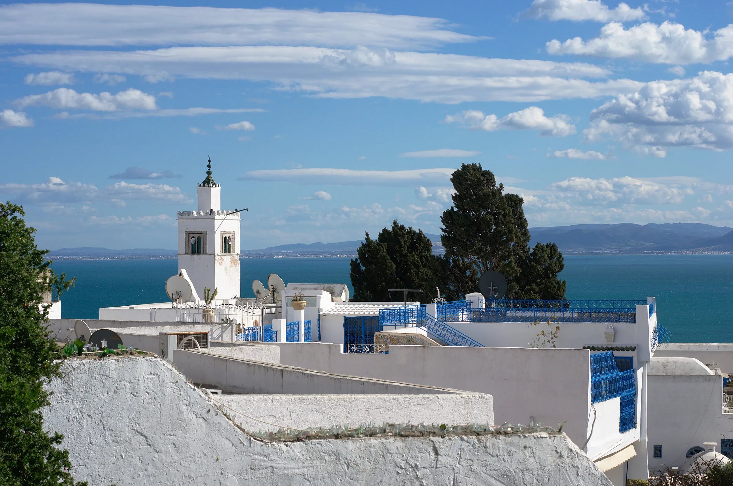 Casas blancas y un alminar de Sidi Bou Saïd sobre el azul golfo de Túnez